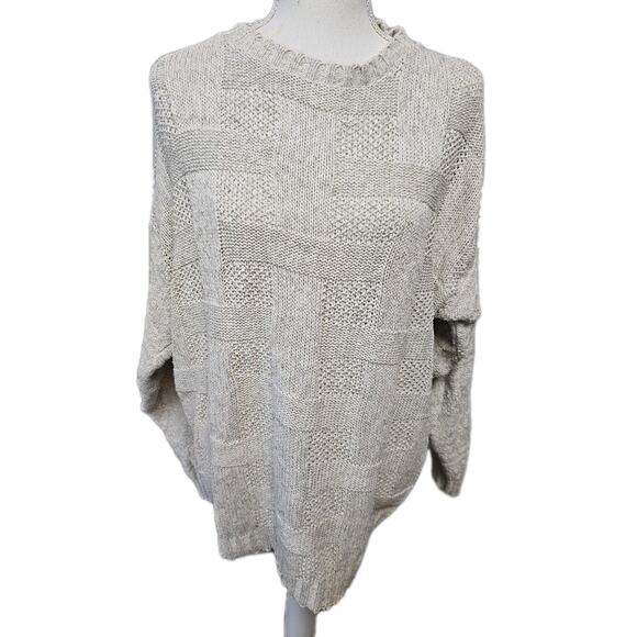 Woodward Vintage Sweater Basketweave Cream Linen Cotton Made In USA Fisherman XL - Picture 10 of 11